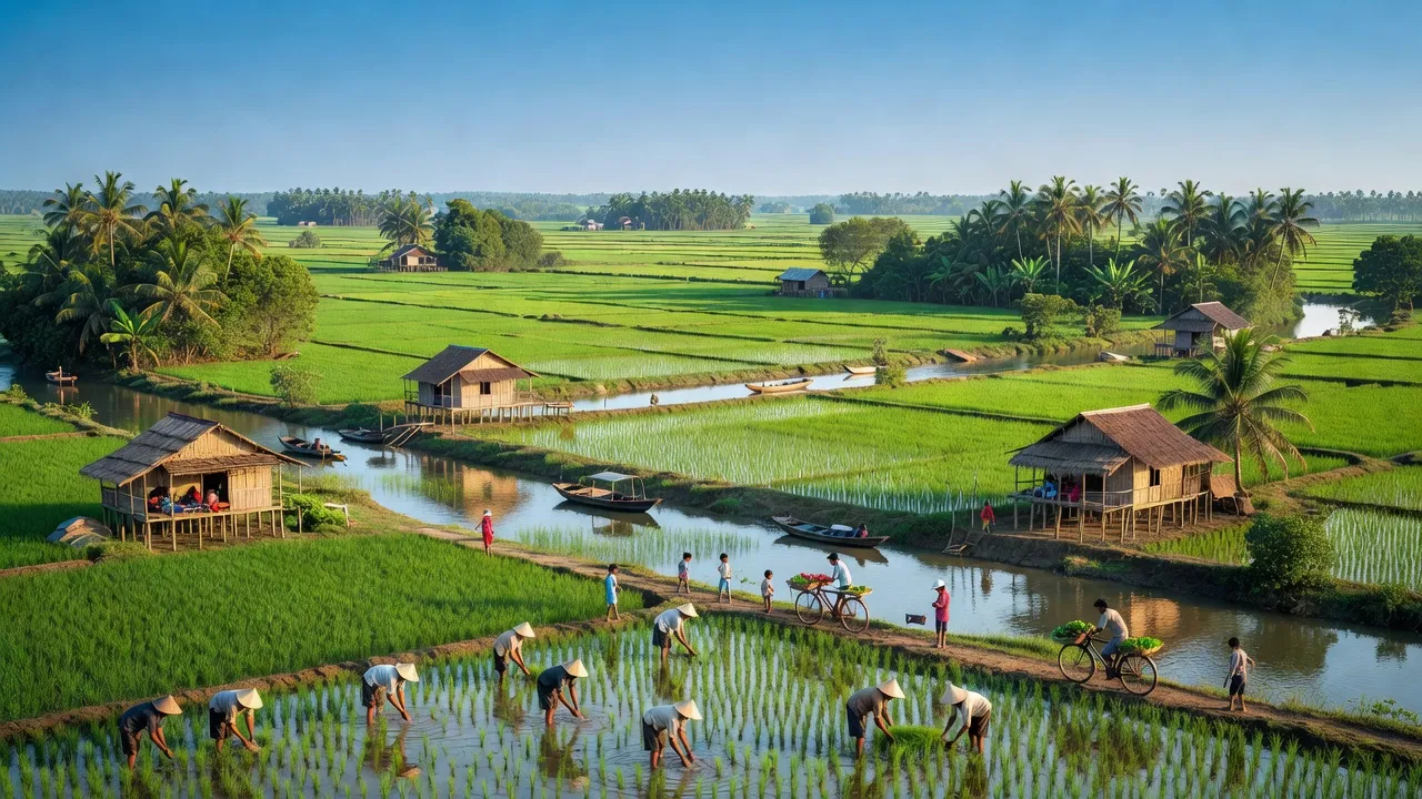 Khung cảnh xã Xà Phiên, huyện Long Mỹ, tỉnh Hậu Giang với cánh đồng và kênh rạch.
