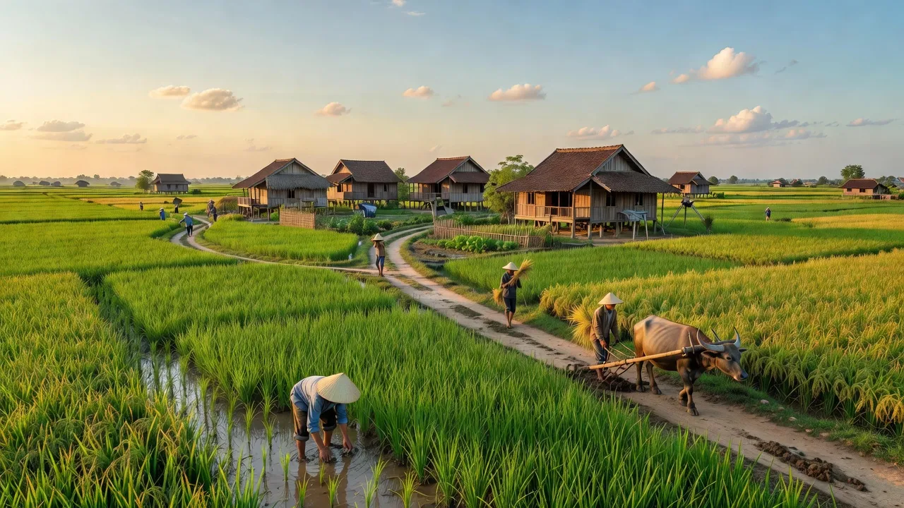 Khung cảnh yên bình của xã Đại Thành ở Thành phố Ngã Bảy, Hậu Giang với cánh đồng xanh màu mỡ.