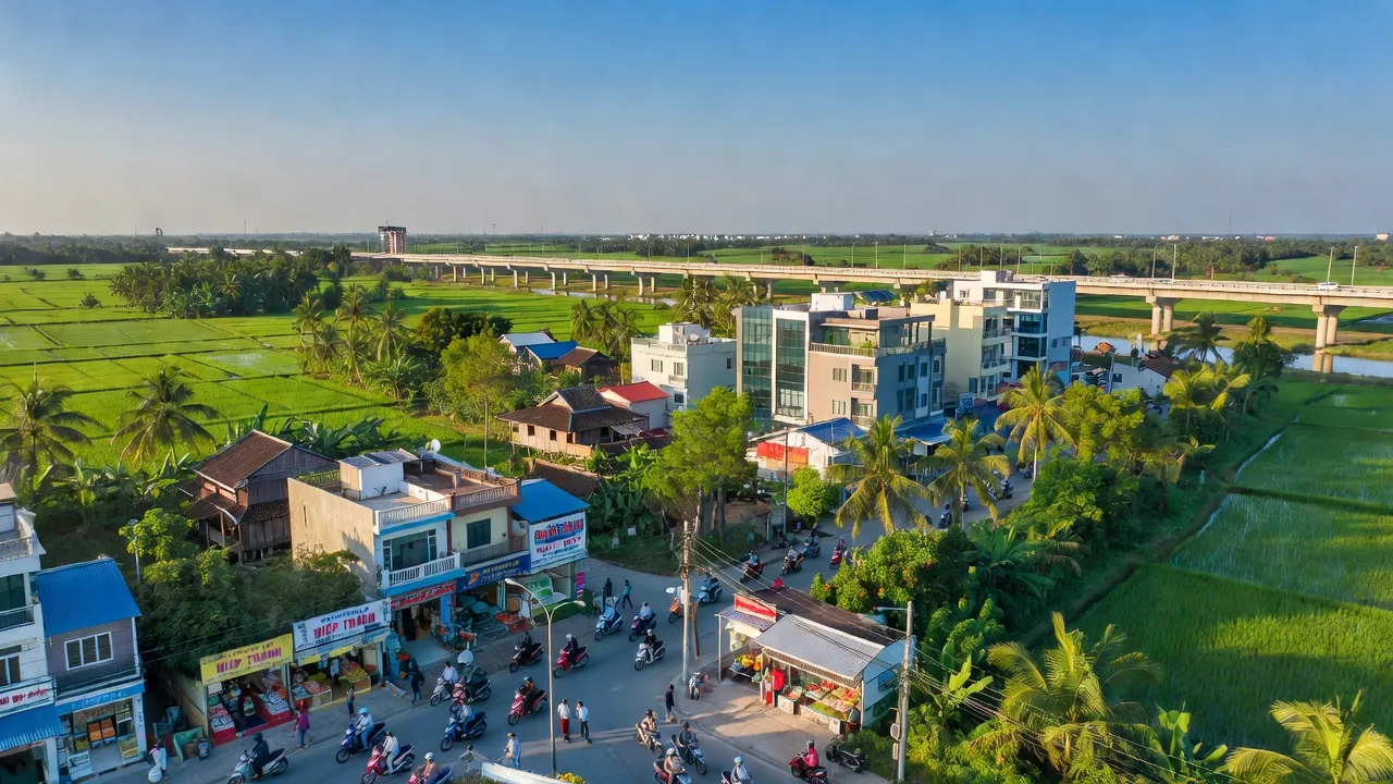 Khung cảnh Phường Hiệp Thành, Ngã Bảy, Hậu Giang với cảnh quan xanh tươi và cuộc sống sôi động.