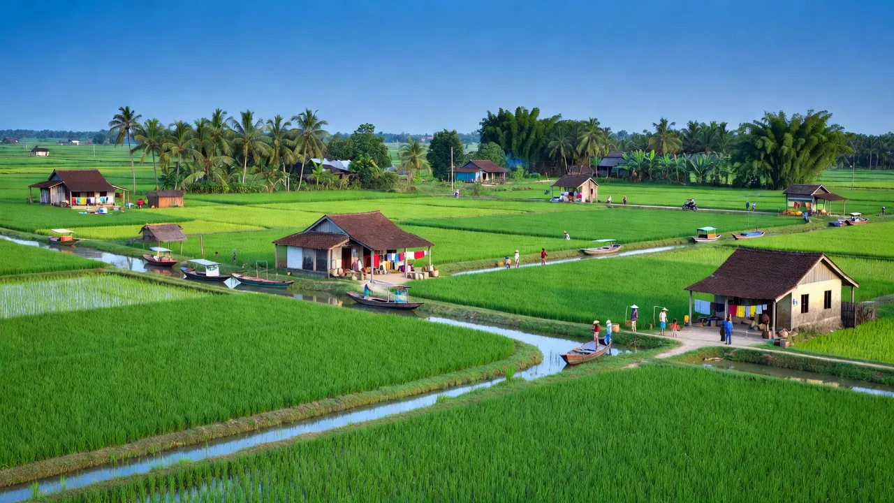Khung cảnh Phường Lái Hiếu, Thành phố Ngã Bảy với cánh đồng xanh và nhà truyền thống, Hậu Giang.