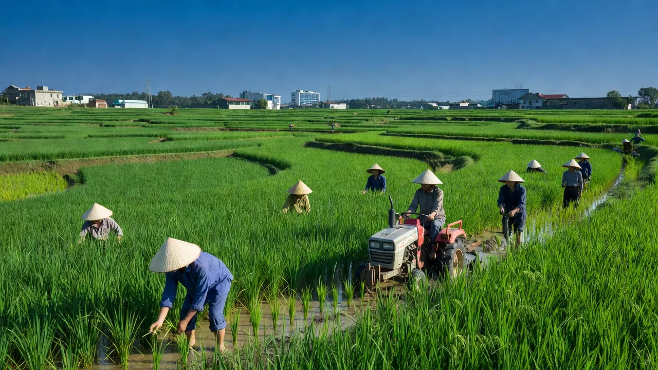 Cảnh quan xã Tân Thành, Thành phố Ngã Bảy với cánh đồng xanh và người nông dân làm việc.