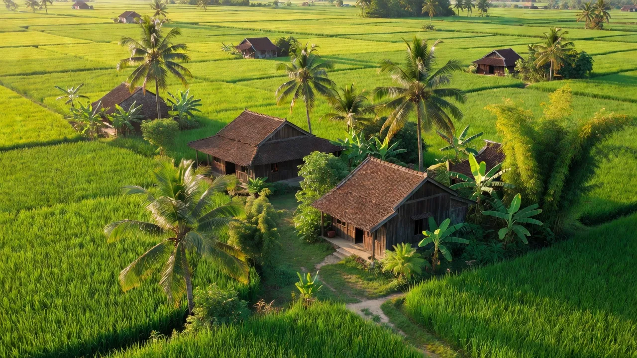 Cảnh sắc xã Tân Thành, Thành phố Ngã Bảy với cánh đồng xanh, cây cối và nhà cửa, Hậu Giang.