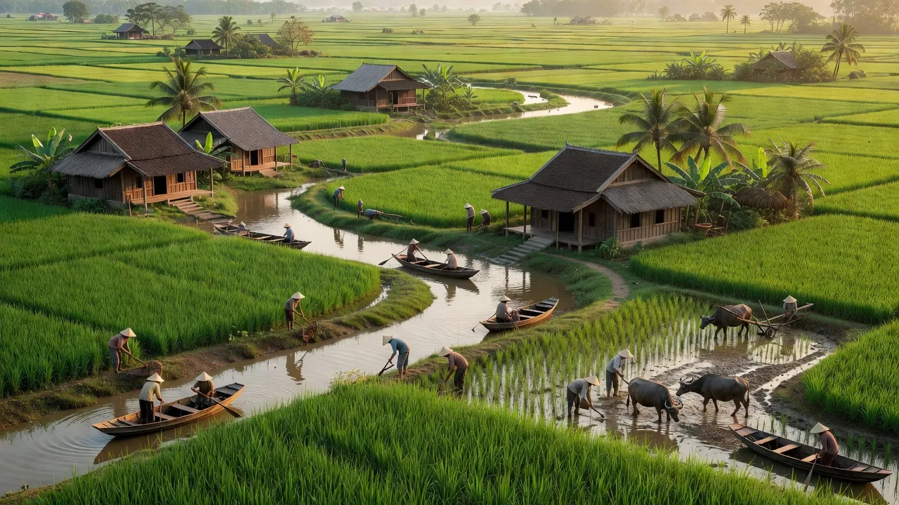 Cảnh đẹp huyện Phụng Hiệp, tỉnh Hậu Giang với đồng xanh và đời sống nông thôn sôi động.