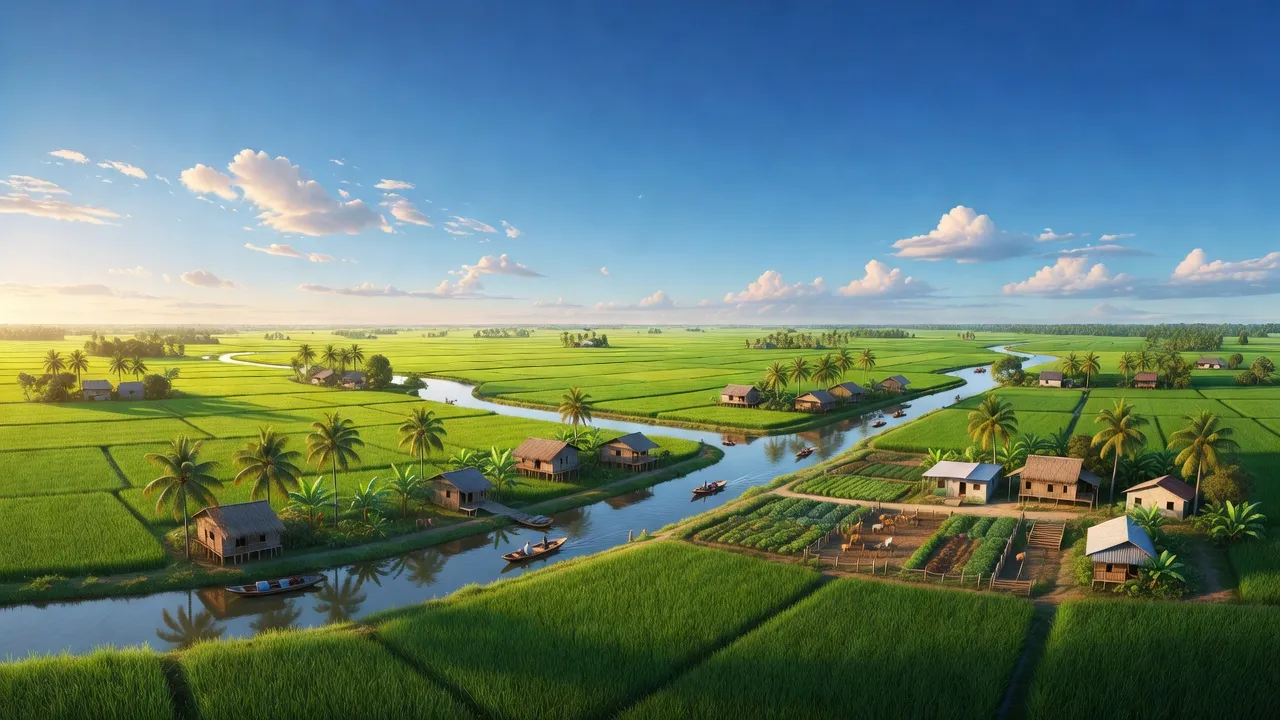 Cảnh quan huyện Phụng Hiệp, Hậu Giang với cánh đồng, kênh rạch, và thuyền nhỏ trên nước.