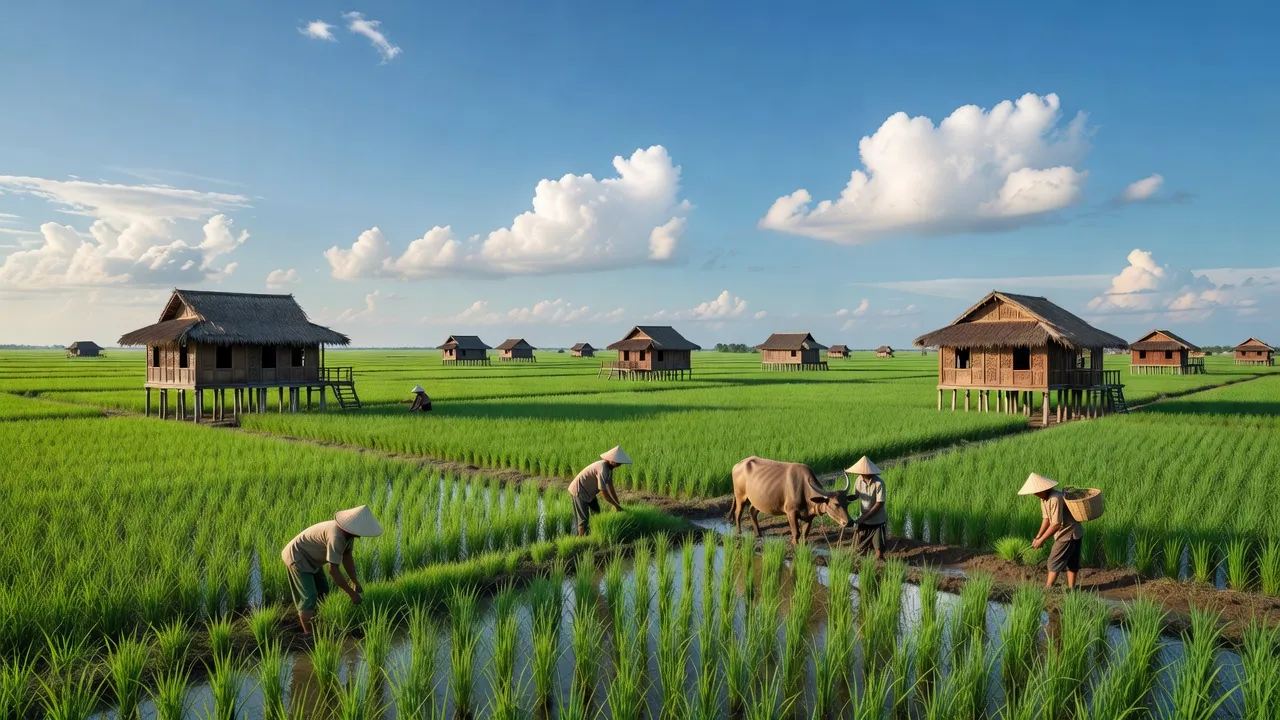 Bình Thành, Phụng Hiệp, Hậu Giang: lush rice fields, traditional houses, local farmers at work.