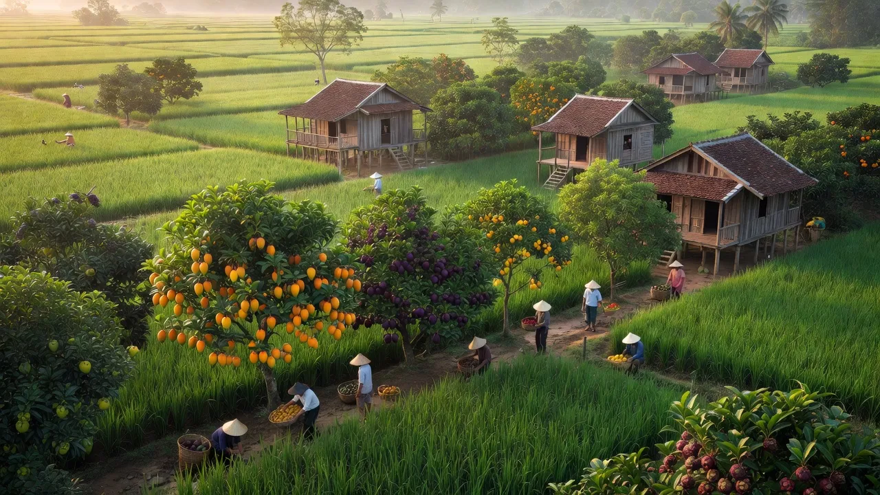 Cảnh nông thôn xã Bình Thành, Huyện Phụng Hiệp, với đồng ruộng, cây trái và nhà dân.