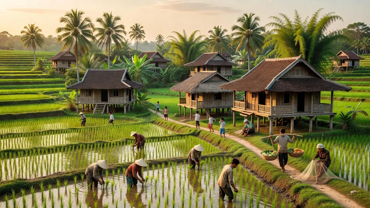 Thị trấn Búng Tàu, Hậu Giang với nền xanh tươi, nhà truyền thống và hoạt động hàng ngày của người dân.