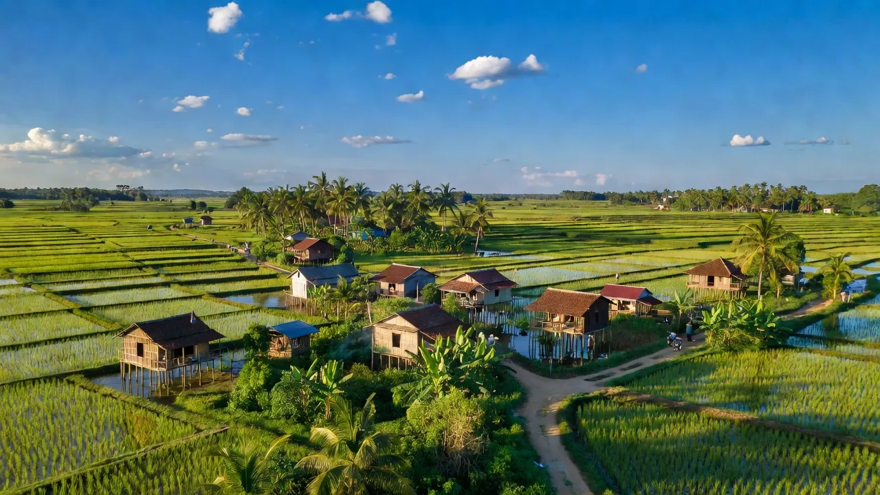 Thị trấn Búng Tàu, Huyện Phụng Hiệp, tỉnh Hậu Giang với cánh đồng xanh và nhà cửa.