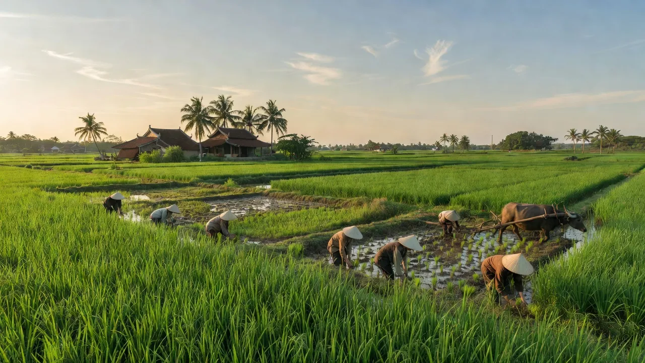 Cảnh đẹp xã Hiệp Hưng, huyện Phụng Hiệp, tỉnh Hậu Giang với cánh đồng xanh và nhà truyền thống.