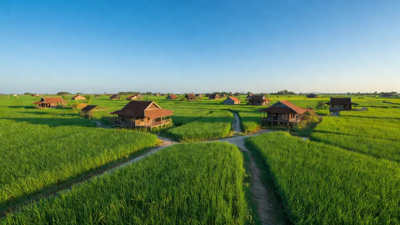 Cảnh sắc Xã Hiệp Hưng, huyện Phụng Hiệp, Hậu Giang với cánh đồng xanh tươi và trời nắng.