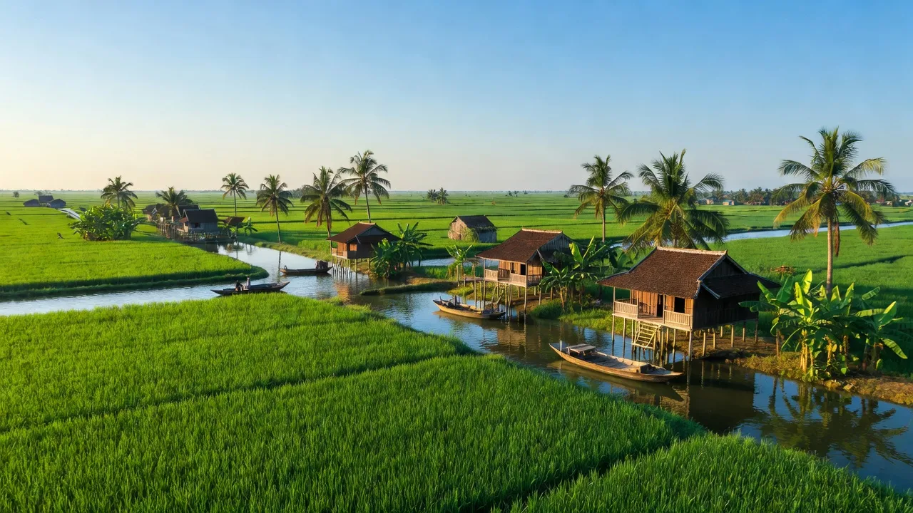 Cảnh quan xã Hòa An, huyện Phụng Hiệp, tỉnh Hậu Giang với cánh đồng lúa xanh tươi và trời trong xanh.