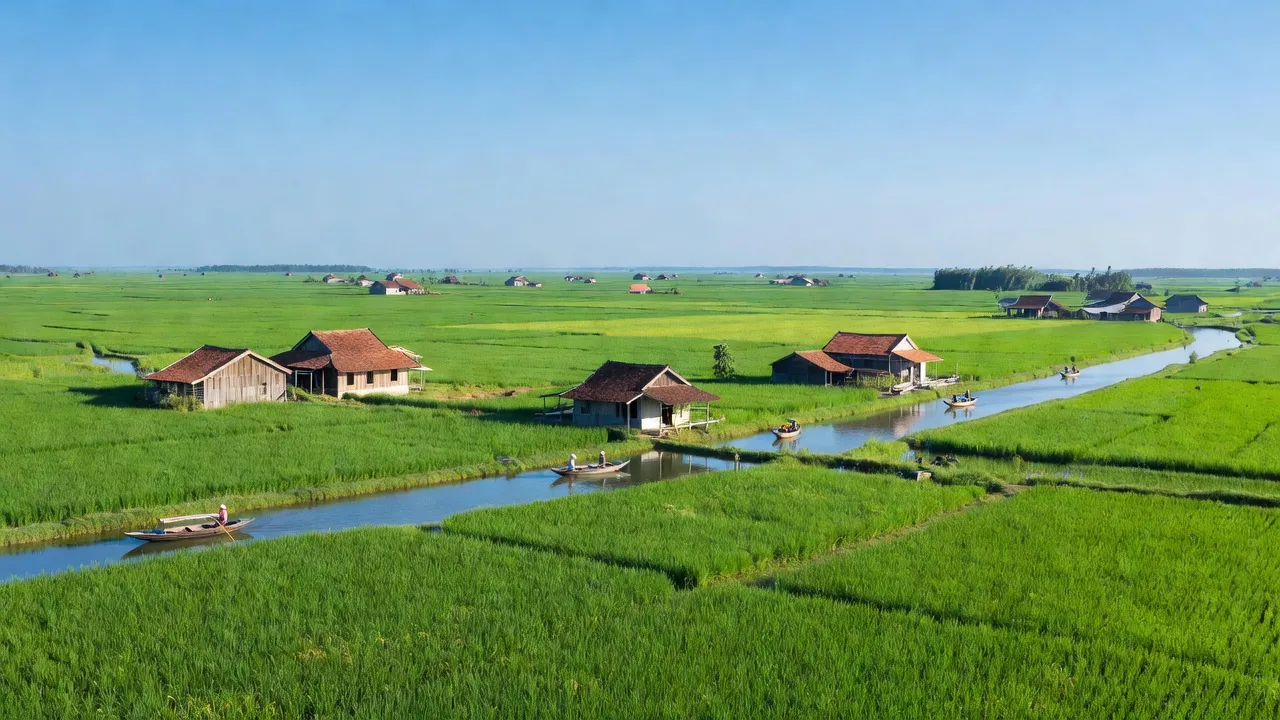 Cảnh quan Xã Hòa Mỹ, Huyện Phụng Hiệp, Hậu Giang, đồng bằng sông Cửu Long với ruộng xanh tươi.
