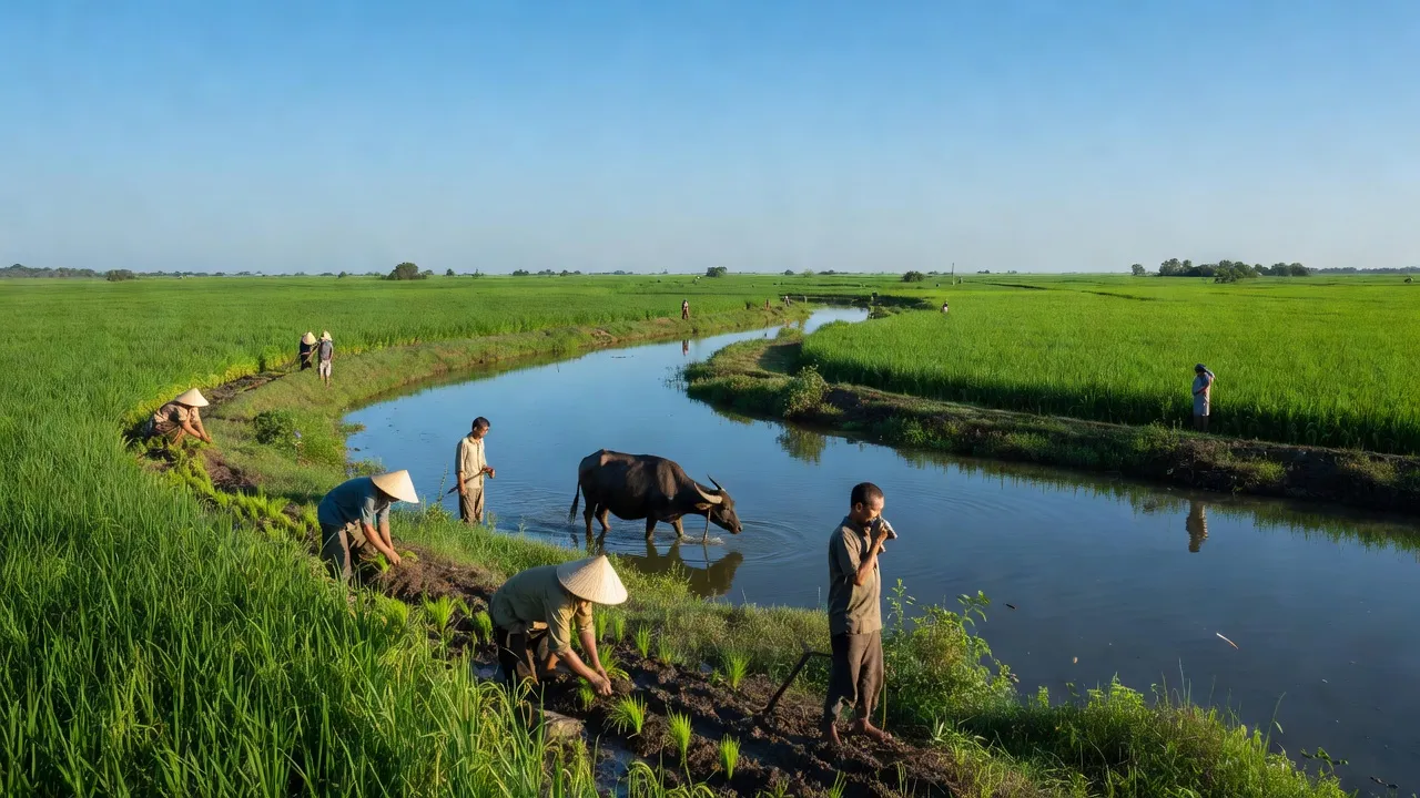 Cảnh đẹp xã Long Thạnh, huyện Phụng Hiệp, Hậu Giang với đồng ruộng xanh tươi và sông nước trong lành.
