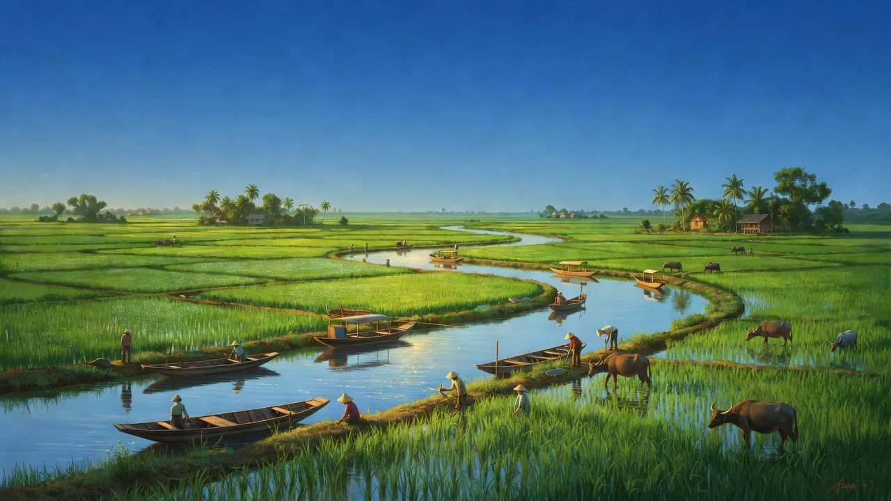 Cảnh đẹp xã Phương Bình, huyện Phụng Hiệp, tỉnh Hậu Giang với cánh đồng xanh và sông.