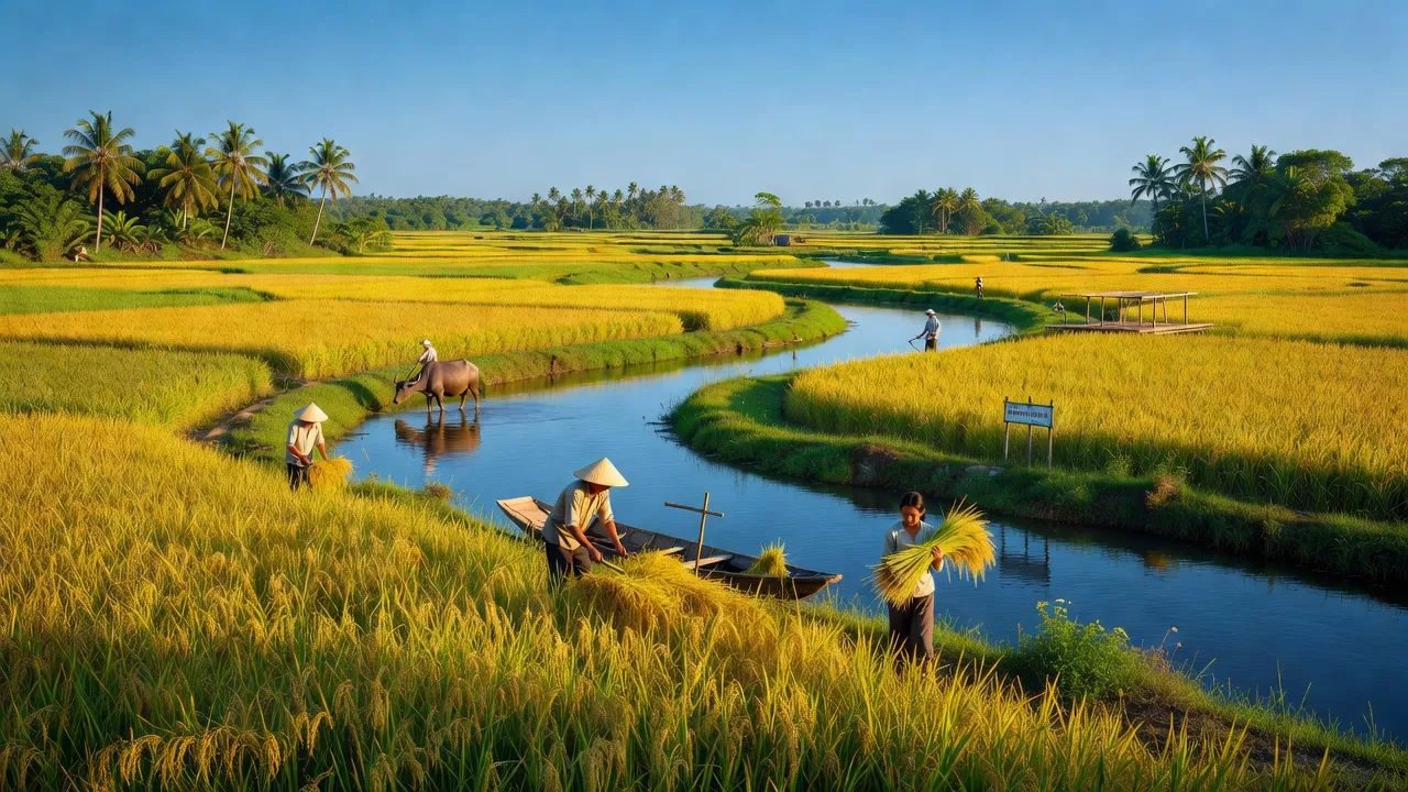Cảnh đẹp xã Phương Phú, Huyện Phụng Hiệp, Tỉnh Hậu Giang với cánh đồng lúa và dòng sông.