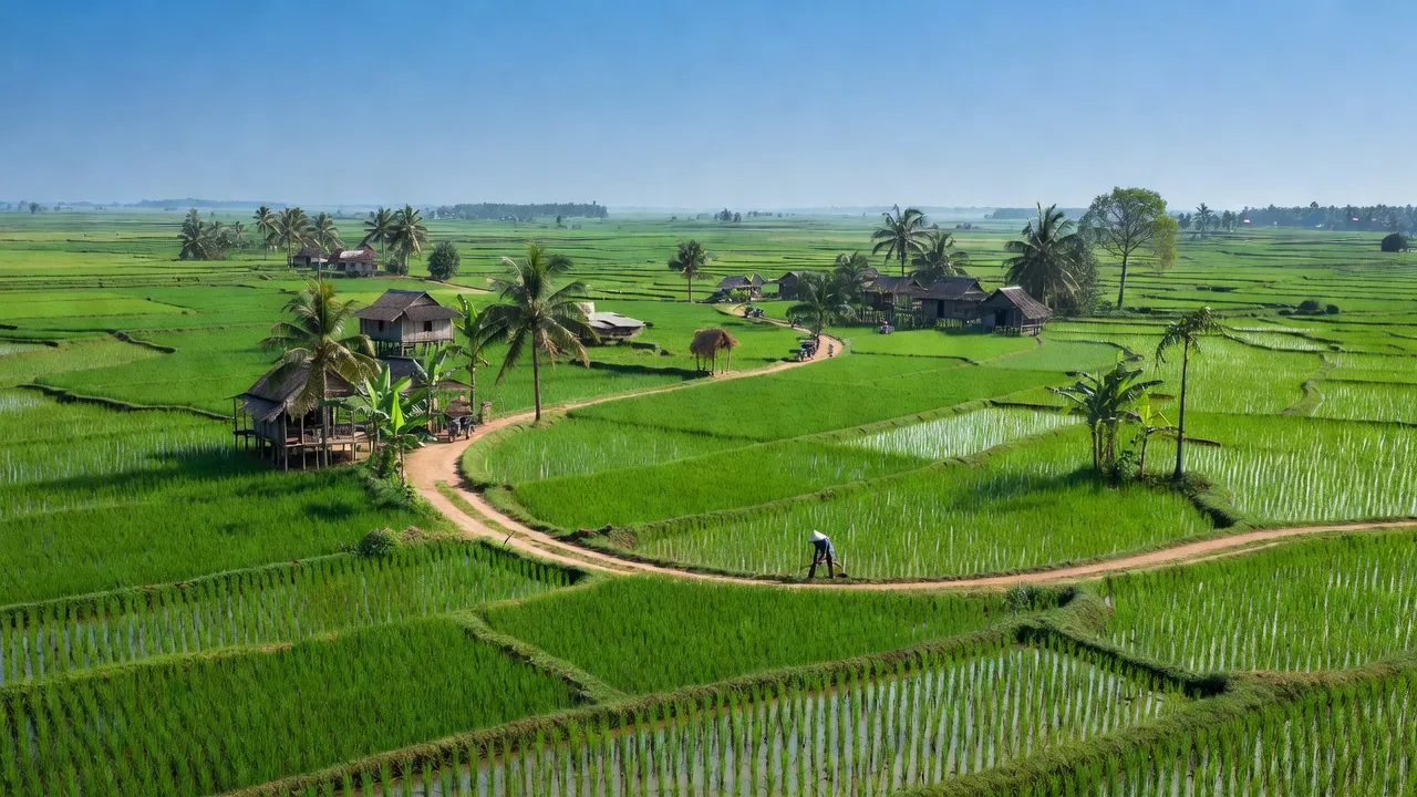 Cảnh quan xanh tươi của xã Phương Phú, huyện Phụng Hiệp, tỉnh Hậu Giang với cánh đồng lúa và bầu trời trong xanh.
