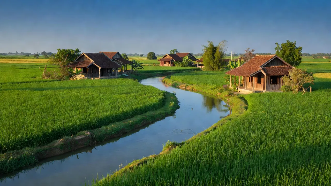 Khung cảnh yên bình của xã Tân Long, huyện Phụng Hiệp với cánh đồng xanh và nhà truyền thống.
