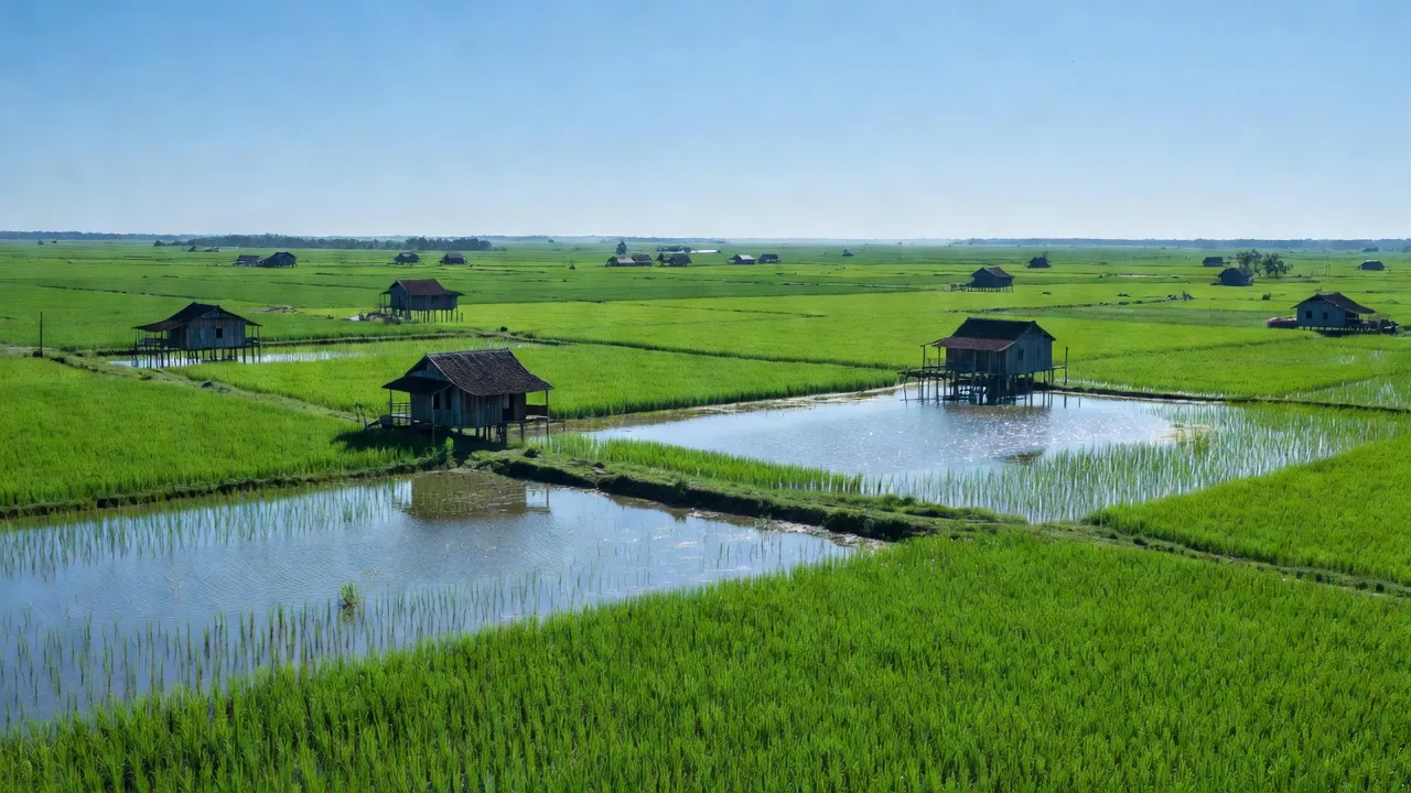 Phong cảnh xanh tươi của xã Tân Phước Hưng, Huyện Phụng Hiệp, tỉnh Hậu Giang với cánh đồng và nước.