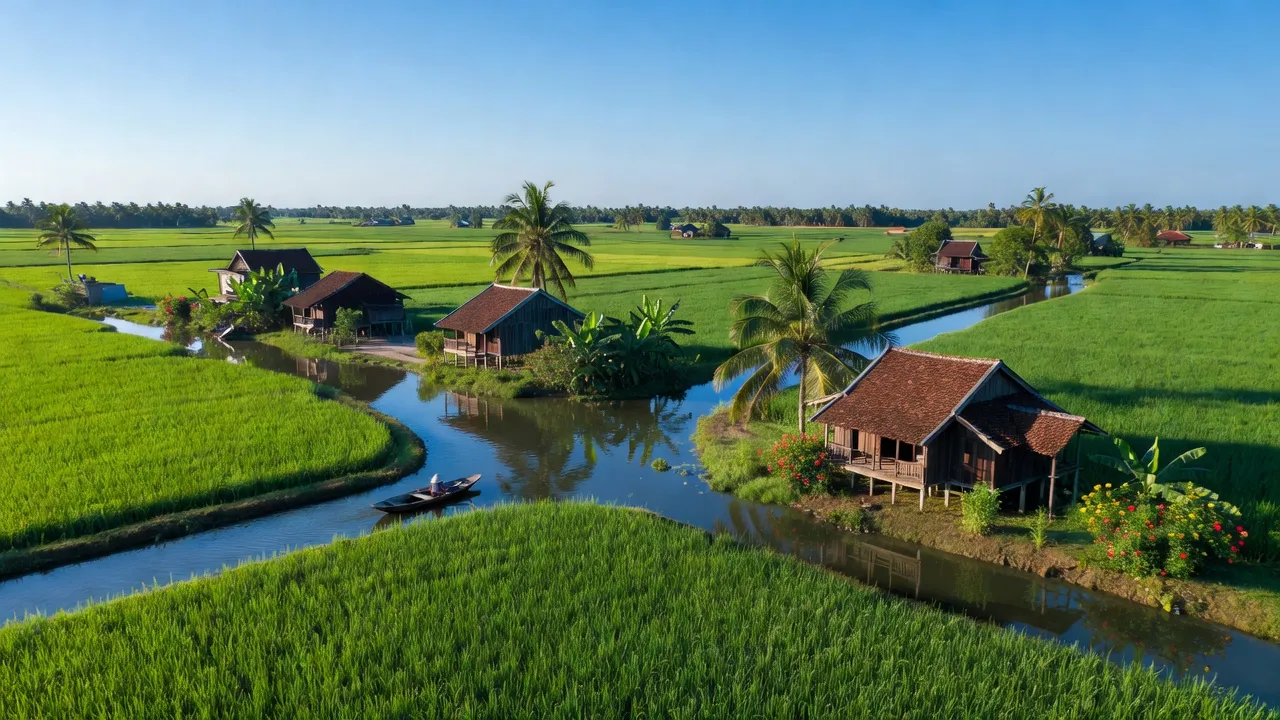 Cảnh đẹp xã Thạnh Hòa, huyện Phụng Hiệp với ruộng lúa và kênh rạch rợp bóng cây.