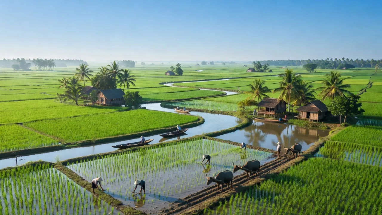 Cảnh quan xã Thạnh Hòa, huyện Phụng Hiệp, tỉnh Hậu Giang với cánh đồng lúa xanh và sông nước.