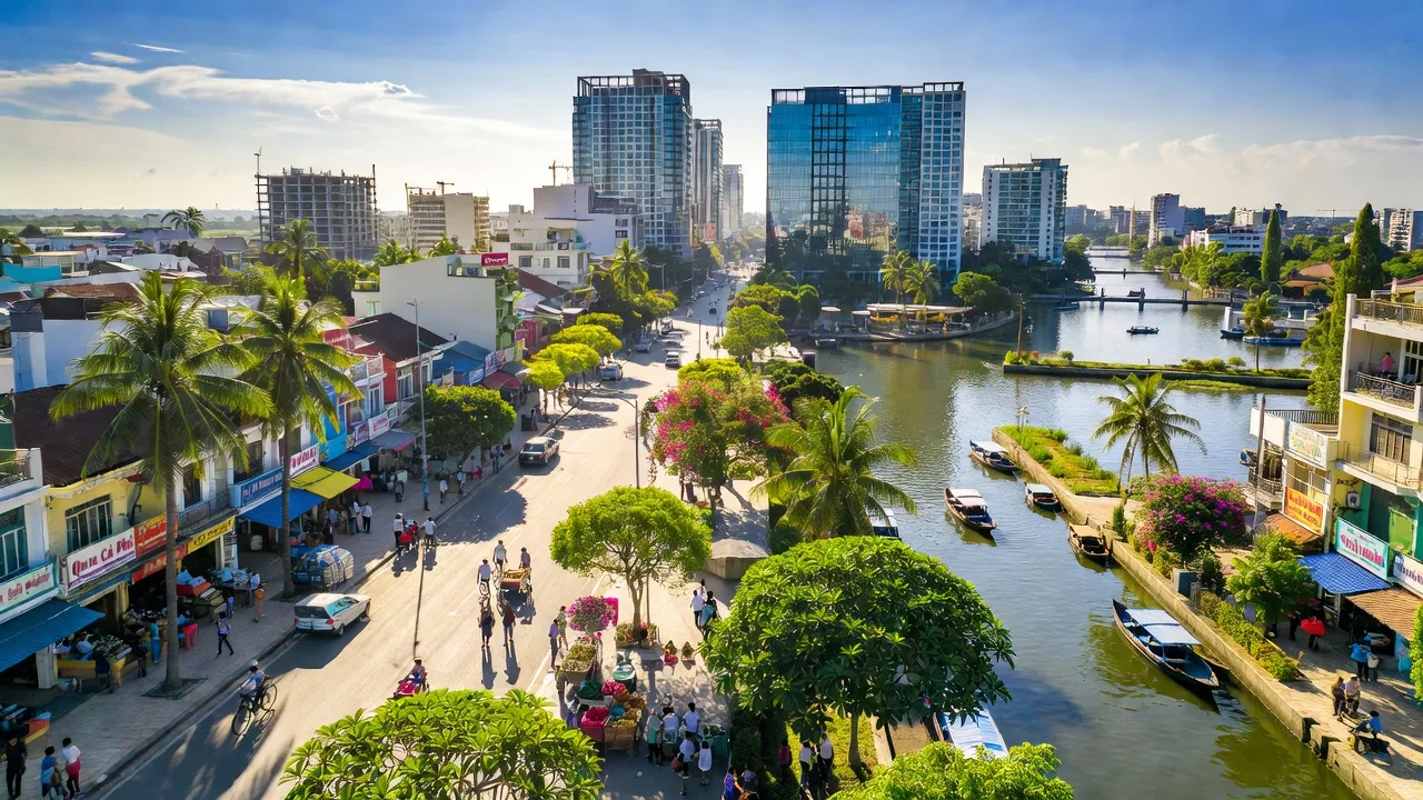 Thành phố Vị Thanh, tỉnh Hậu Giang - trung tâm hành chính với cảnh quan sông nước và đô thị phát triển.