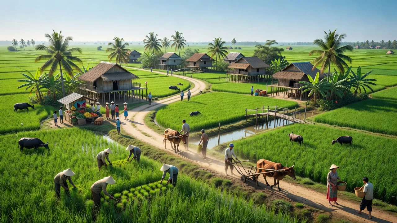 Khung cảnh Xã Hoả Lựu, Thành phố Vị Thanh, Hậu Giang với cảnh đồng sáng xanh, người dân làm nông.