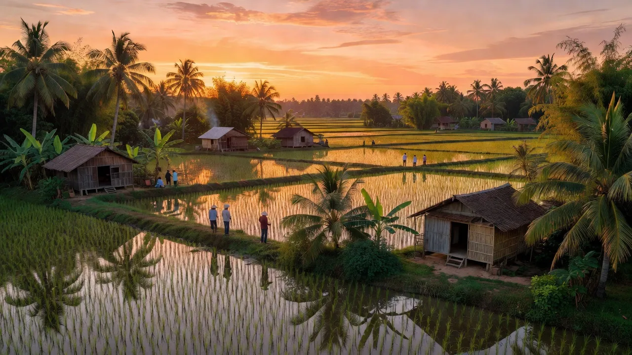 Khung cảnh yên bình xã Hoả Lựu, Thành phố Vị Thanh, với đồng xanh và nhà nông dân.
