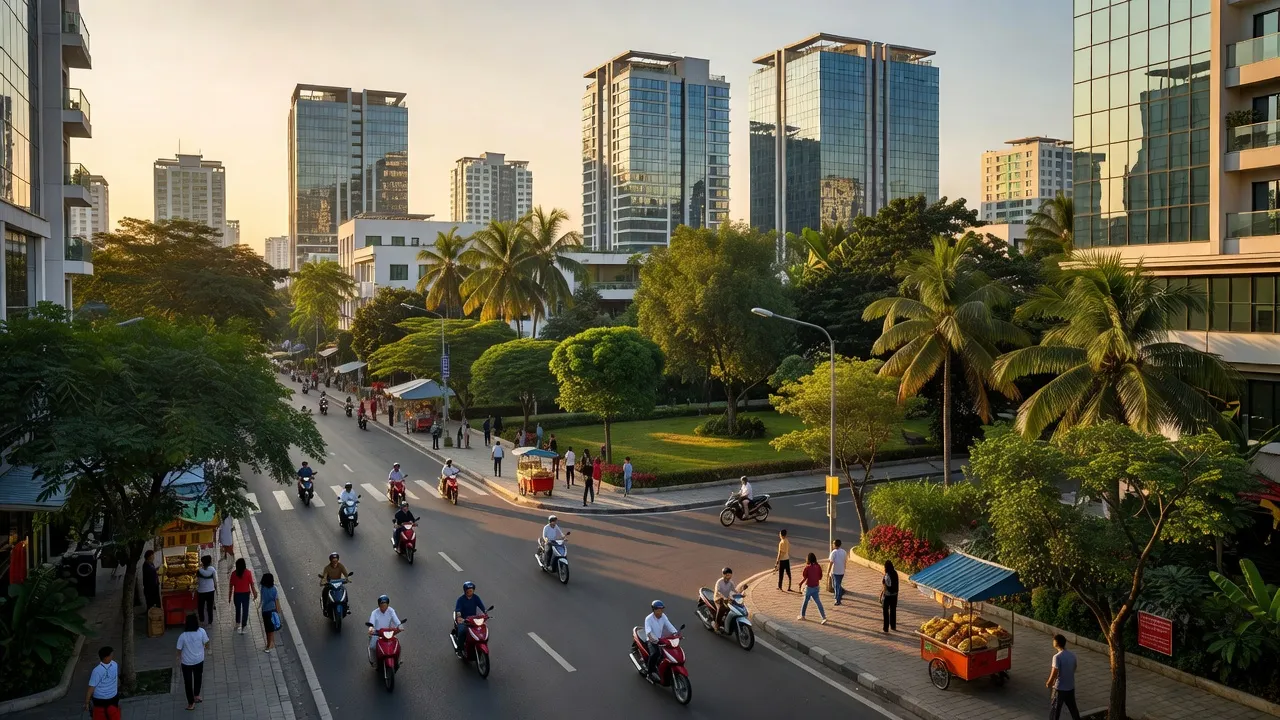Khung cảnh Phường III, Thành phố Vị Thanh, Tỉnh Hậu Giang với kiến trúc hiện đại và cây xanh.