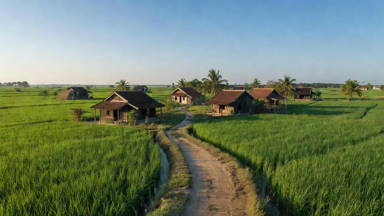 Khung cảnh bình yên tại xã Tân Tiến, thành phố Vị Thanh, tỉnh Hậu Giang với đồng xanh và nhà truyền thống.