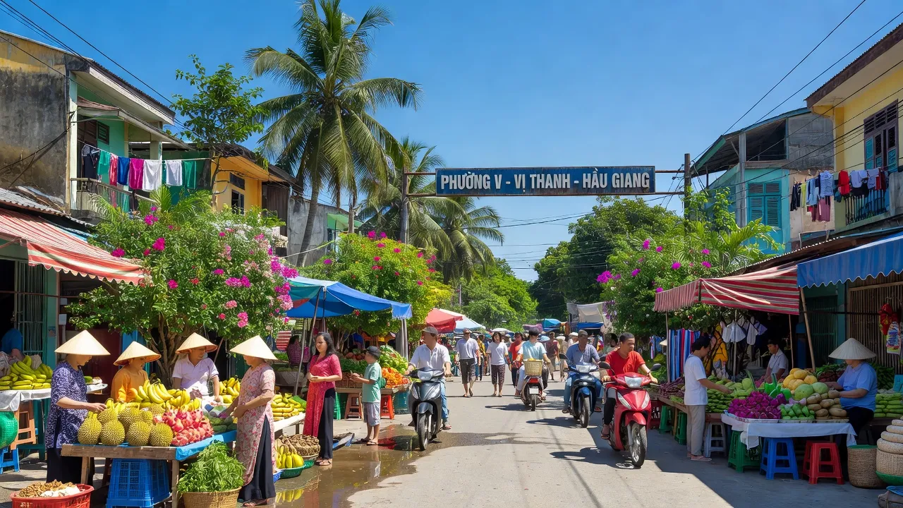 Phường V, Vị Thanh, Hậu Giang với cảnh quan phố thị và hoạt động giao thương nhộn nhịp.