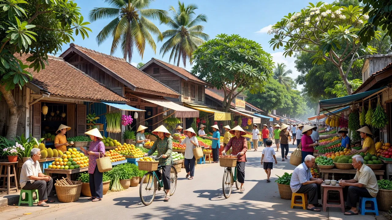Cảnh quan đường phố sôi động ở Xã Vị Tân, Thành phố Vị Thanh, tỉnh Hậu Giang, với chợ và nhà truyền thống.