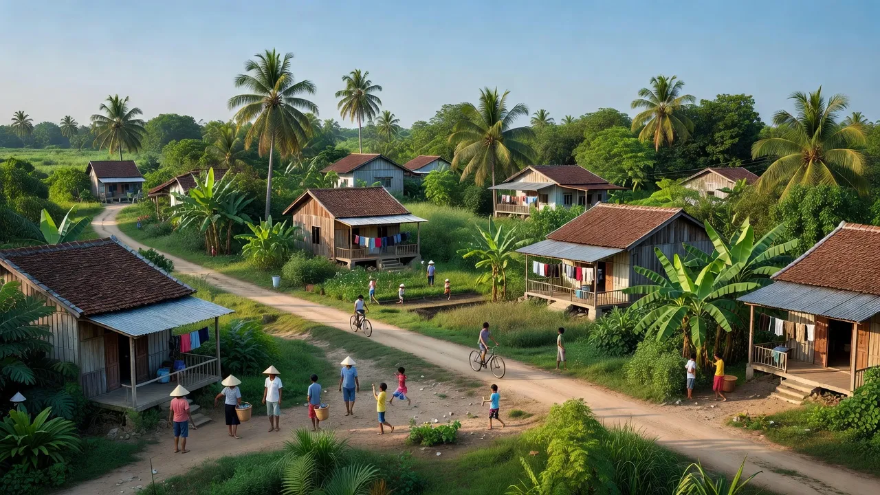 Khung cảnh yên bình Xã Vị Tân, Thành phố Vị Thanh, Tỉnh Hậu Giang, thể hiện cuộc sống cộng đồng và thiên nhiên.