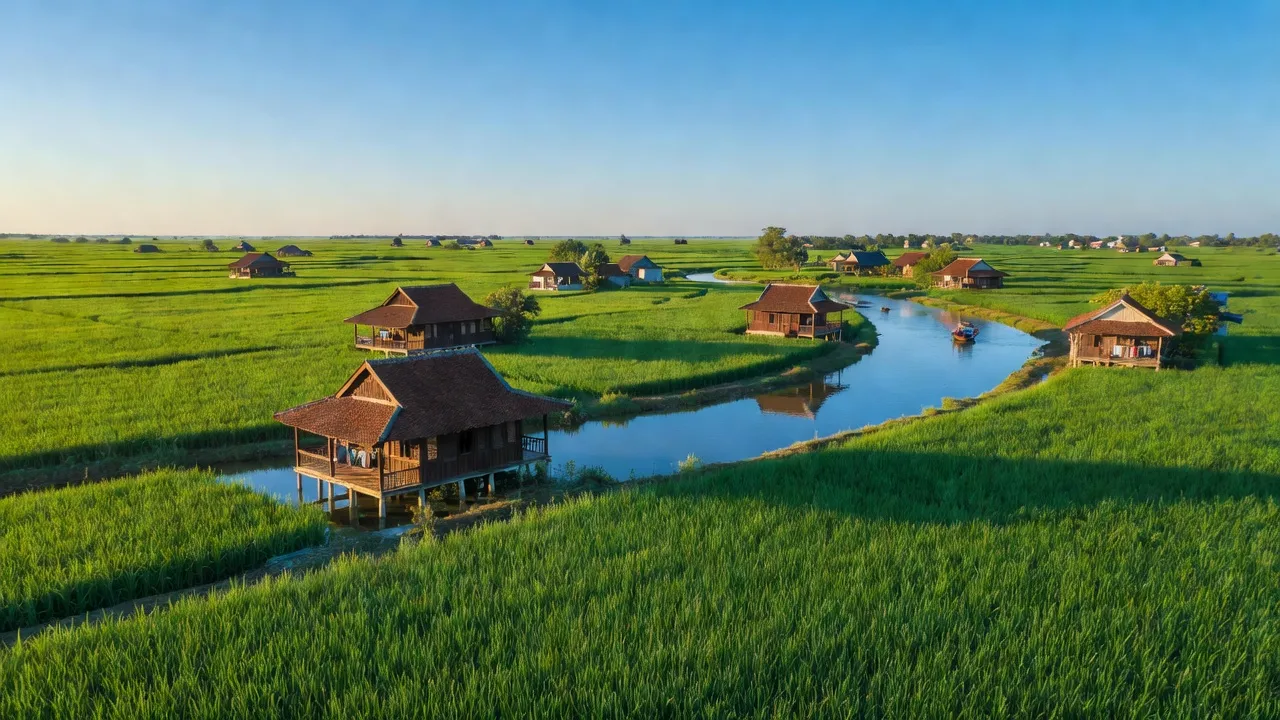 Cảnh đẹp huyện Vị Thủy, tỉnh Hậu Giang với cánh đồng xanh và dòng sông yên bình.