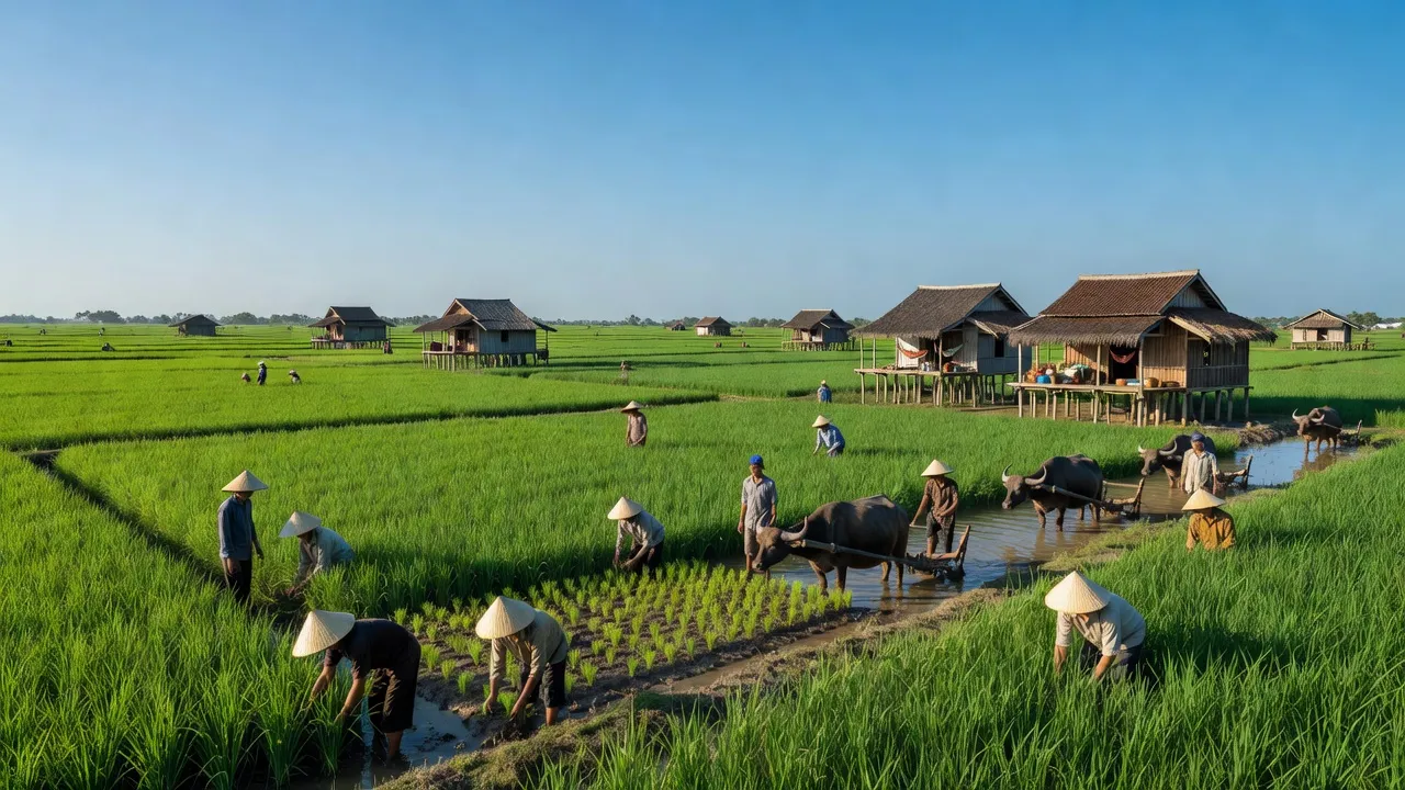 Cảnh đồng xanh huyện Vị Thủy, tỉnh Hậu Giang với nông dân và nhà truyền thống.