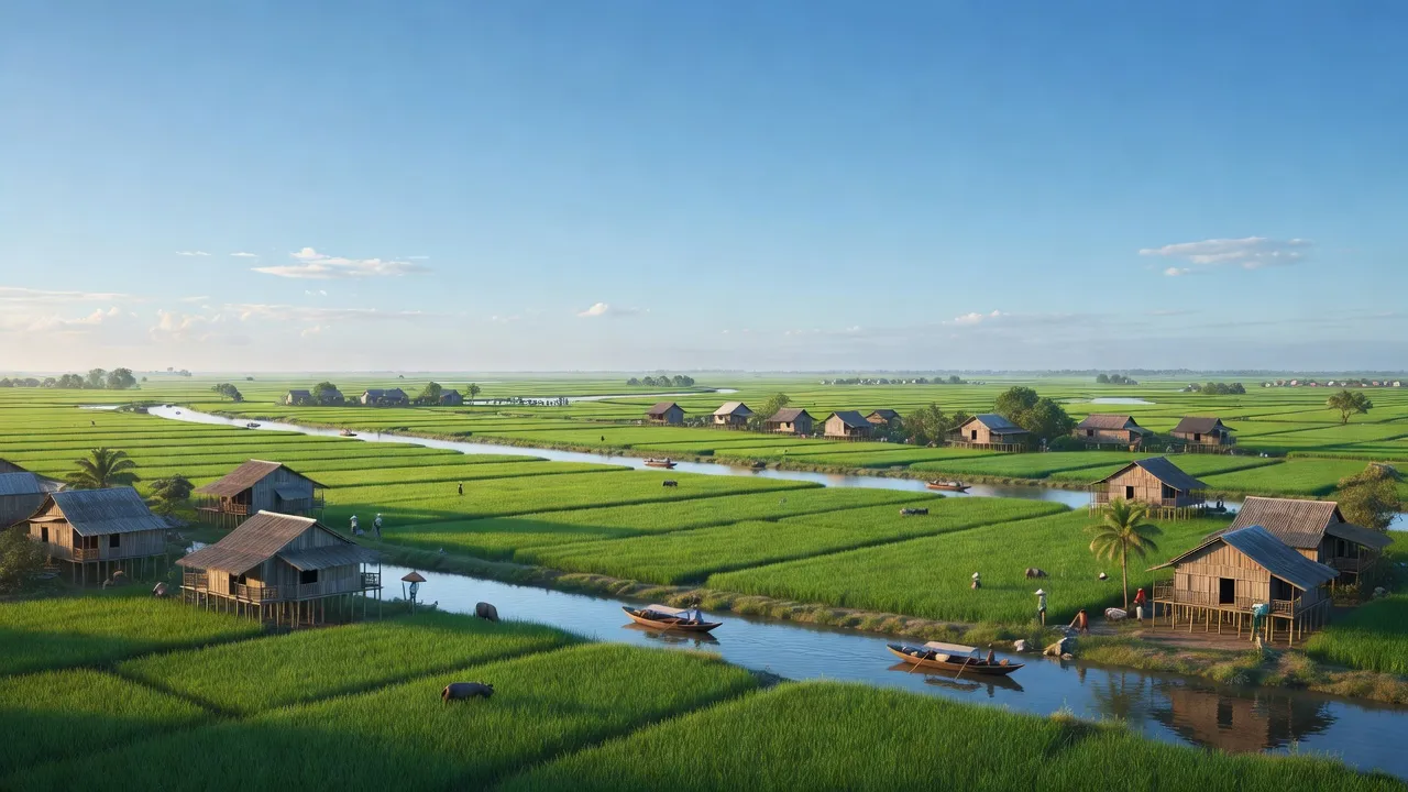 Thị trấn Nàng Mau, huyện Vị Thủy, tỉnh Hậu Giang với cảnh đẹp yên bình và cánh đồng xanh.