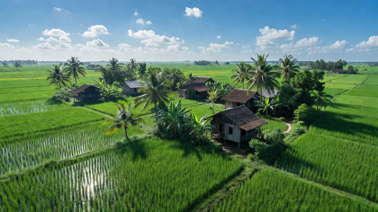 Khung cảnh làng Vị Bình, huyện Vị Thuỷ, Hậu Giang với đồng lúa xanh tươi và nhà truyền thống.
