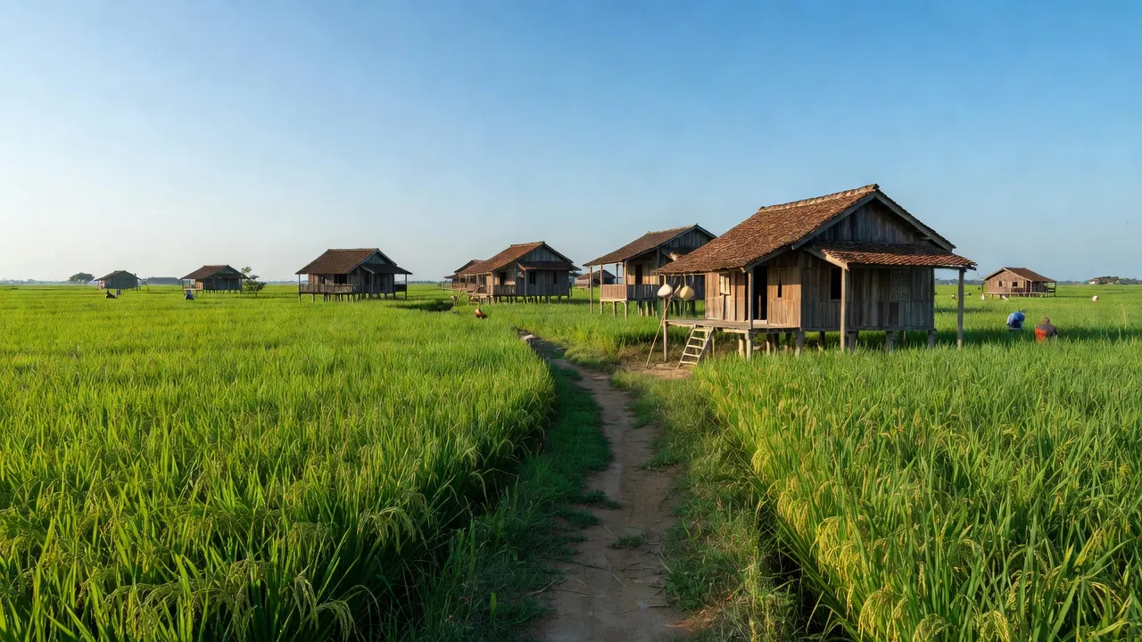 Cảnh quan Xã Vị Thắng, huyện Vị Thủy, Hậu Giang với ruộng lúa và nhà truyền thống.