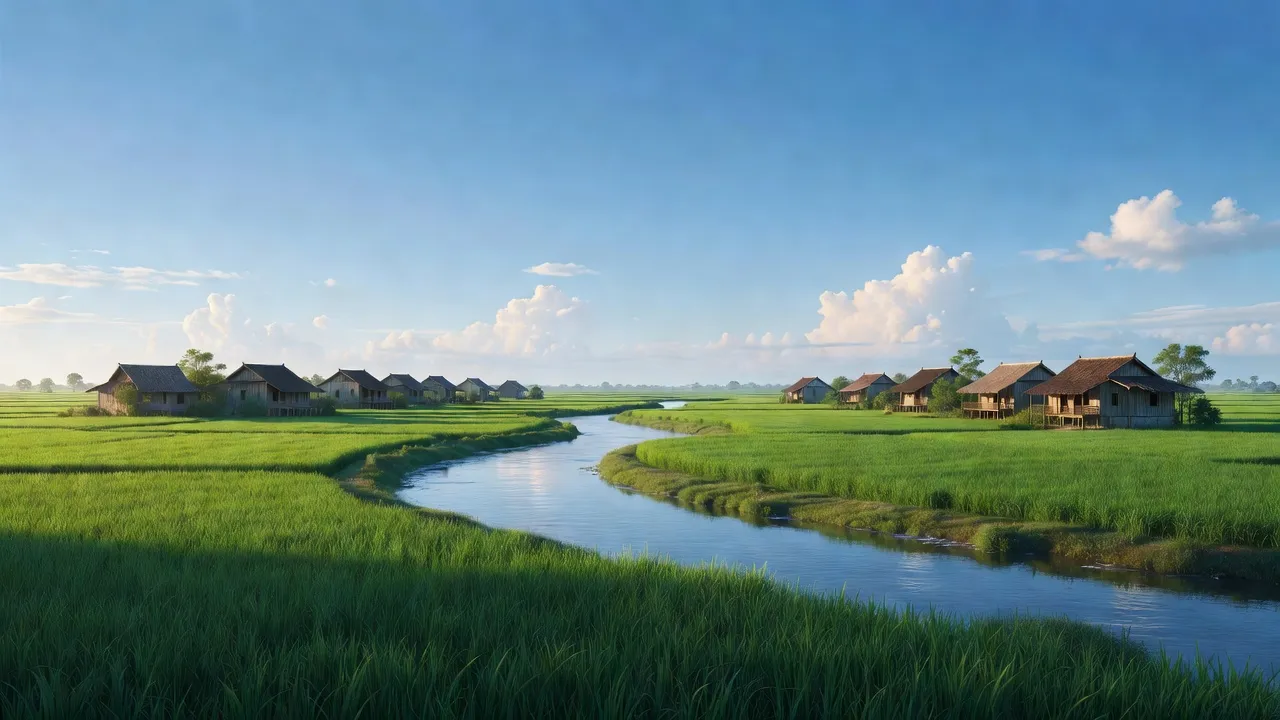 Khung cảnh nông nghiệp tại xã Vị Thắng, huyện Vị Thuỷ, tỉnh Hậu Giang, đồng ruộng xanh tốt.