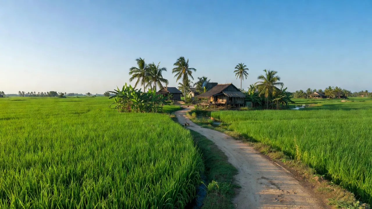 Cảnh quan nông thôn xã Vị Thanh, huyện Vị Thuỷ, tỉnh Hậu Giang với cánh đồng xanh và cây cối.