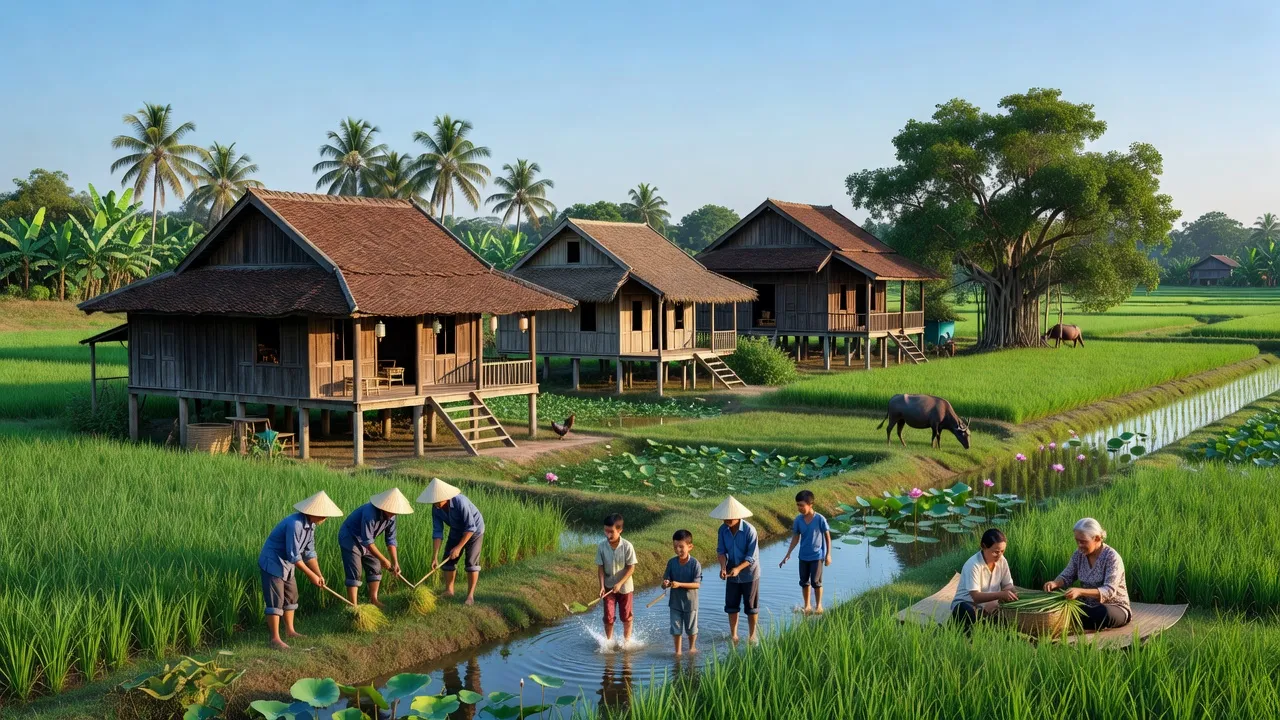 Cảnh đẹp xã Vị Trung, huyện Vị Thuỷ, tỉnh Hậu Giang với nhà truyền thống và cánh đồng xanh.