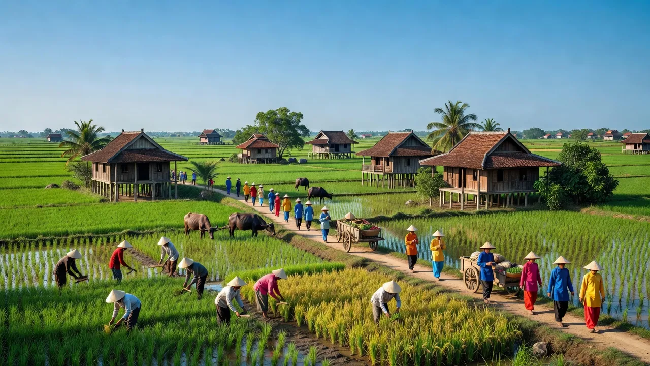 Khung cảnh Xã Vị Trung huyện Vị Thuỷ, tỉnh Hậu Giang với đồng ruộng xanh tươi và nhà văn hóa.
