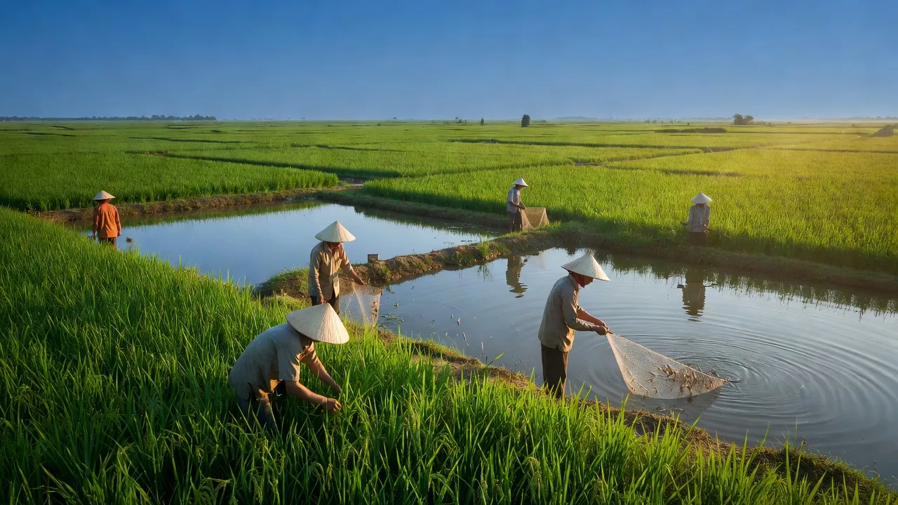 Cảnh đồng quê xã Vĩnh Trung, Huyện Vị Thủy, tỉnh Hậu Giang, cánh đồng xanh và người nông dân.