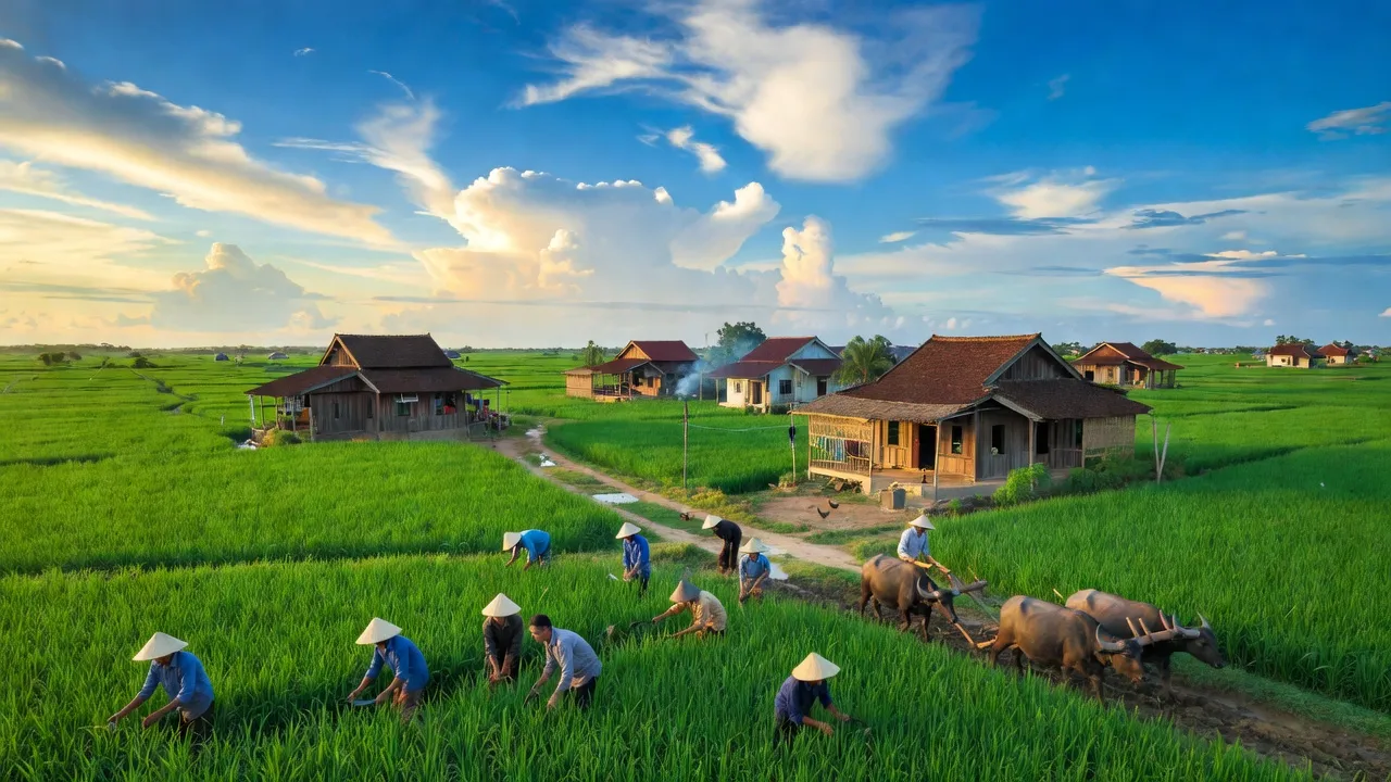 Cảnh quan xã Vĩnh Tường, huyện Vị Thủy, tỉnh Hậu Giang với cánh đồng xanh tươi và nhà cửa truyền thống.