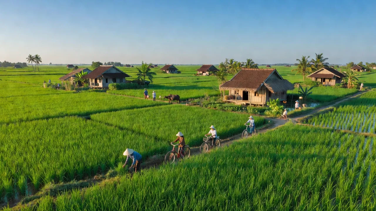 Quang cảnh xã Vĩnh Tường, huyện Vị Thủy, tỉnh Hậu Giang với cánh đồng xanh và nhà truyền thống.