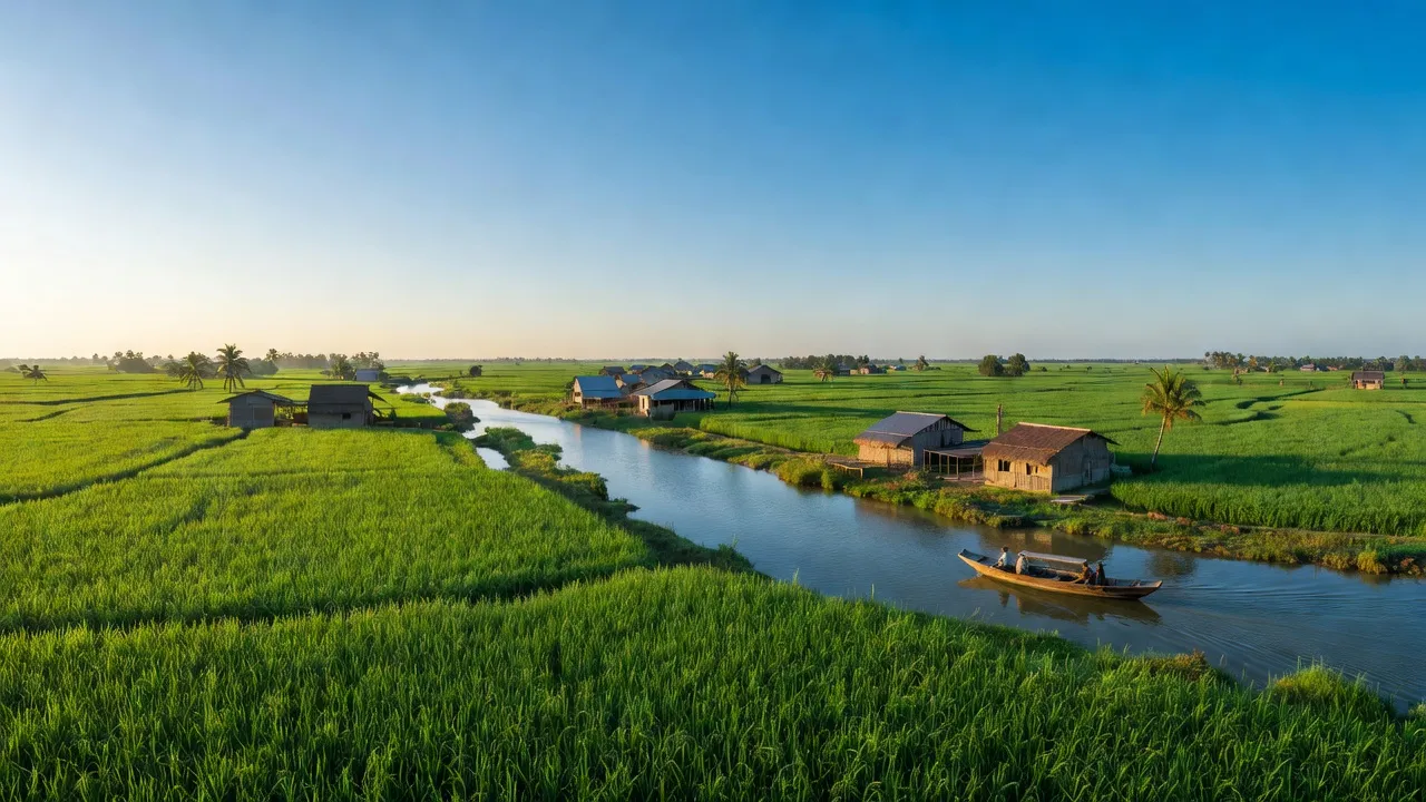 Cảnh đẹp Hậu Giang với cánh đồng xanh và thuyền trên sông, thể hiện văn hóa nông nghiệp.