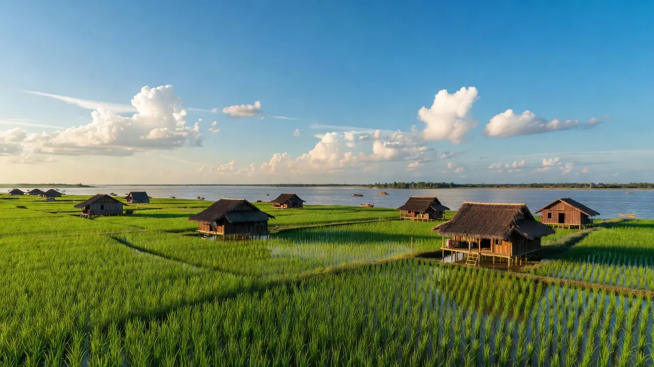 Cảnh đẹp tỉnh Hậu Giang với cánh đồng xanh và sông Mekong, phản ánh cuộc sống nông thôn.