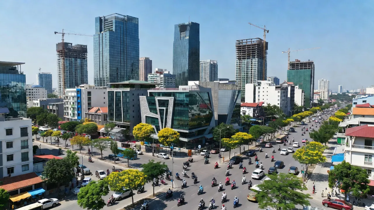 Khung cảnh huyện Bình Chánh, TP.HCM với kiến trúc hiện đại và cây cối xanh tươi.