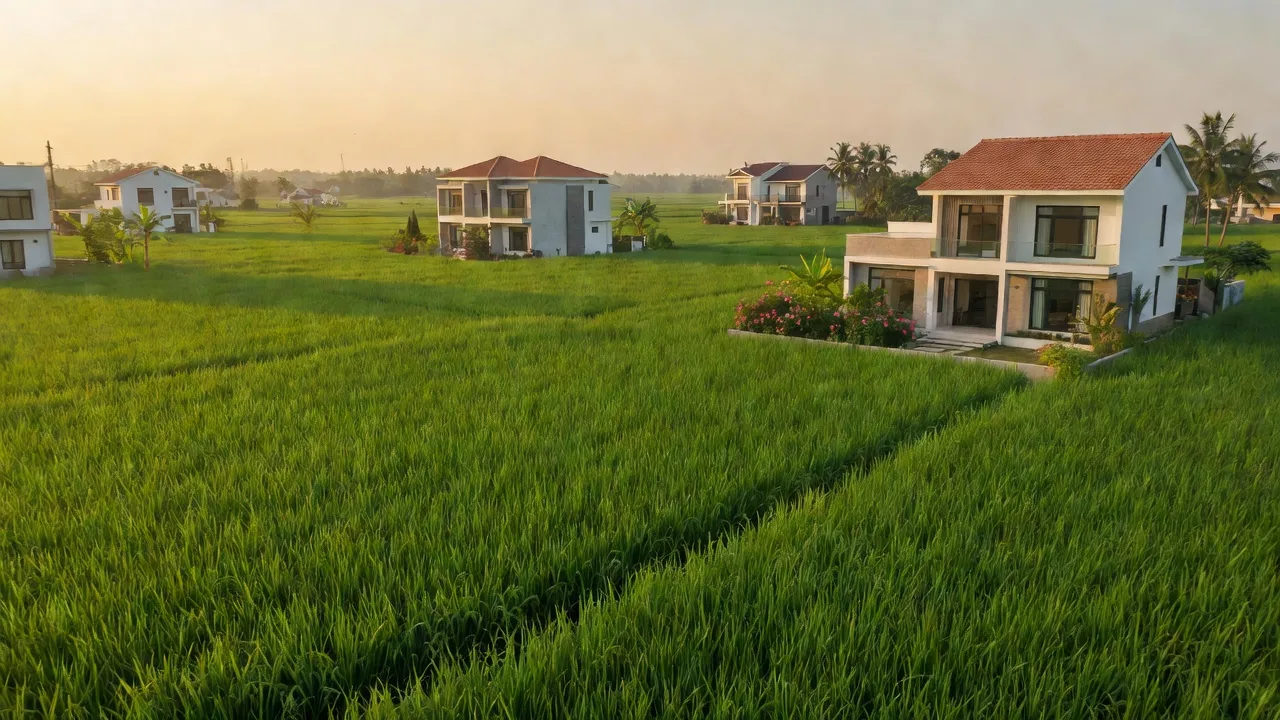 Cảnh quan xã Bình Hưng, huyện Bình Chánh, Thành phố Hồ Chí Minh với cánh đồng và nhà cửa.