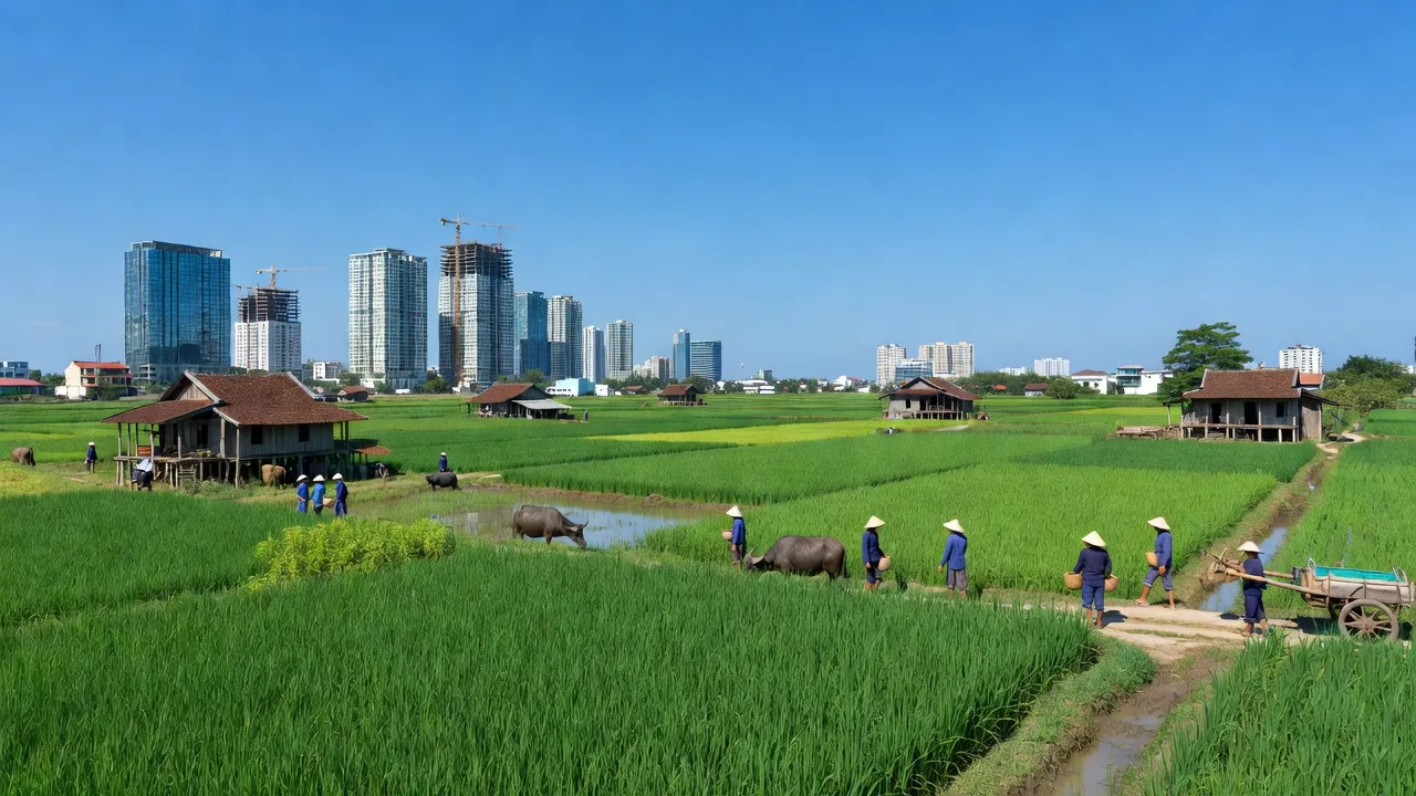 Cảnh quan Xã Bình Lợi, Huyện Bình Chánh, TP Hồ Chí Minh với đồng xanh và sự phát triển đô thị.