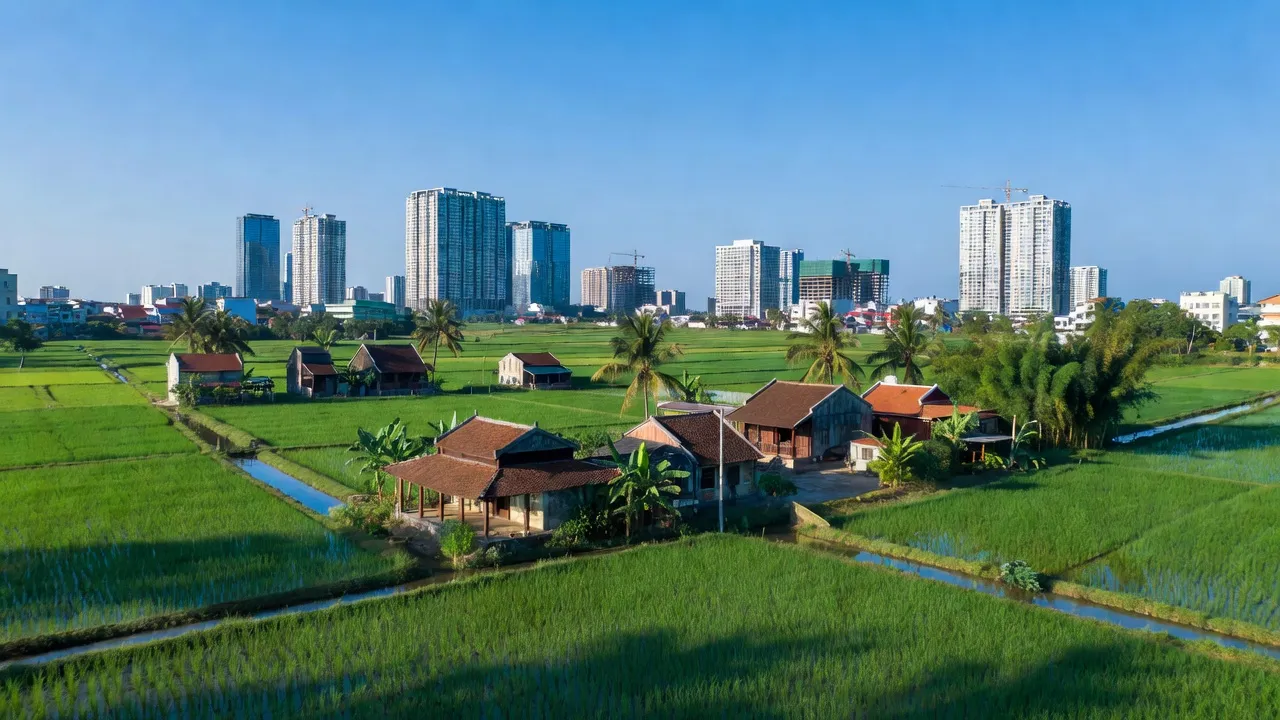 Khung cảnh xã Bình Lợi, huyện Bình Chánh, thành phố Hồ Chí Minh, kết hợp giữa đô thị hóa và thiên nhiên.